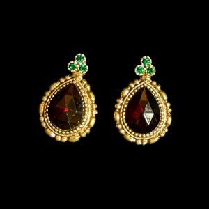 Vintage Pear shaped drop earrings Red cut glass Pierced